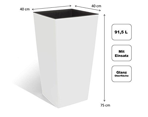 XXL Design Pflanztopf aus Kunststoff in Hochglanz Weiß mit herausnehmbaren Einsatz. Maße BxTxH in cm: 40 x 40 x 75 cm. 91,5 Liter Volumen!