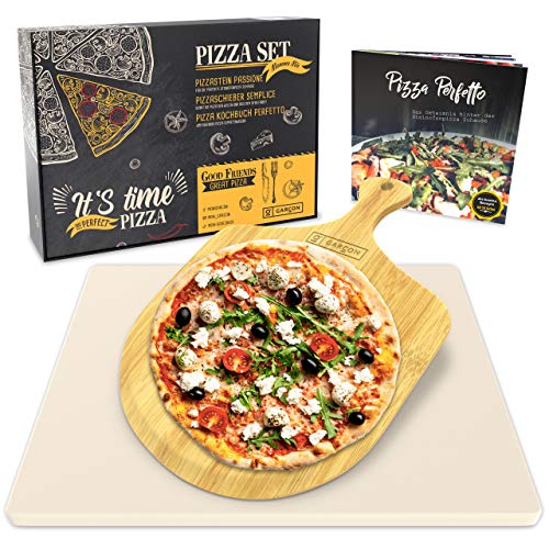 Garcon Pizzastein für Backofen und Gasgrill zum Pizza Backen - 3er Set inkl. Pizza Stone, Pizzaschieber, Kochbuch in Geschenk Box